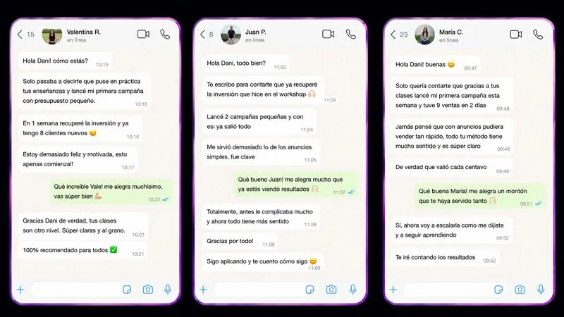 Capturas de WhatsApp de estudiantes mostrando resultados reales